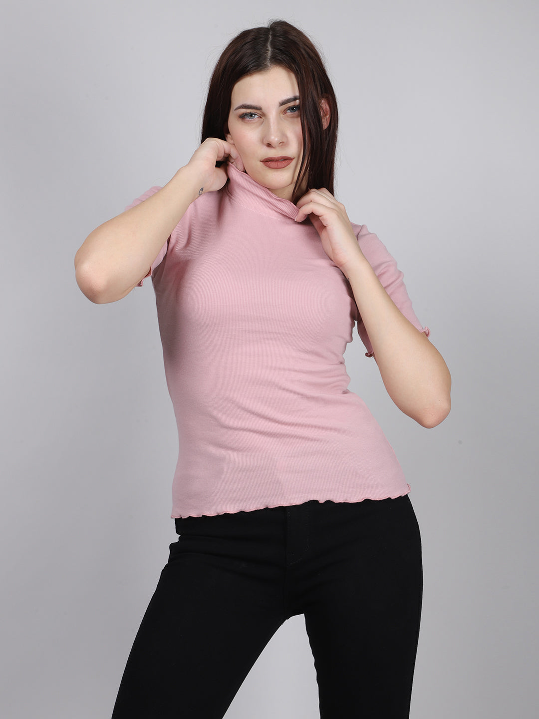 PINK RIP HALF SLEEVE RIB TOP