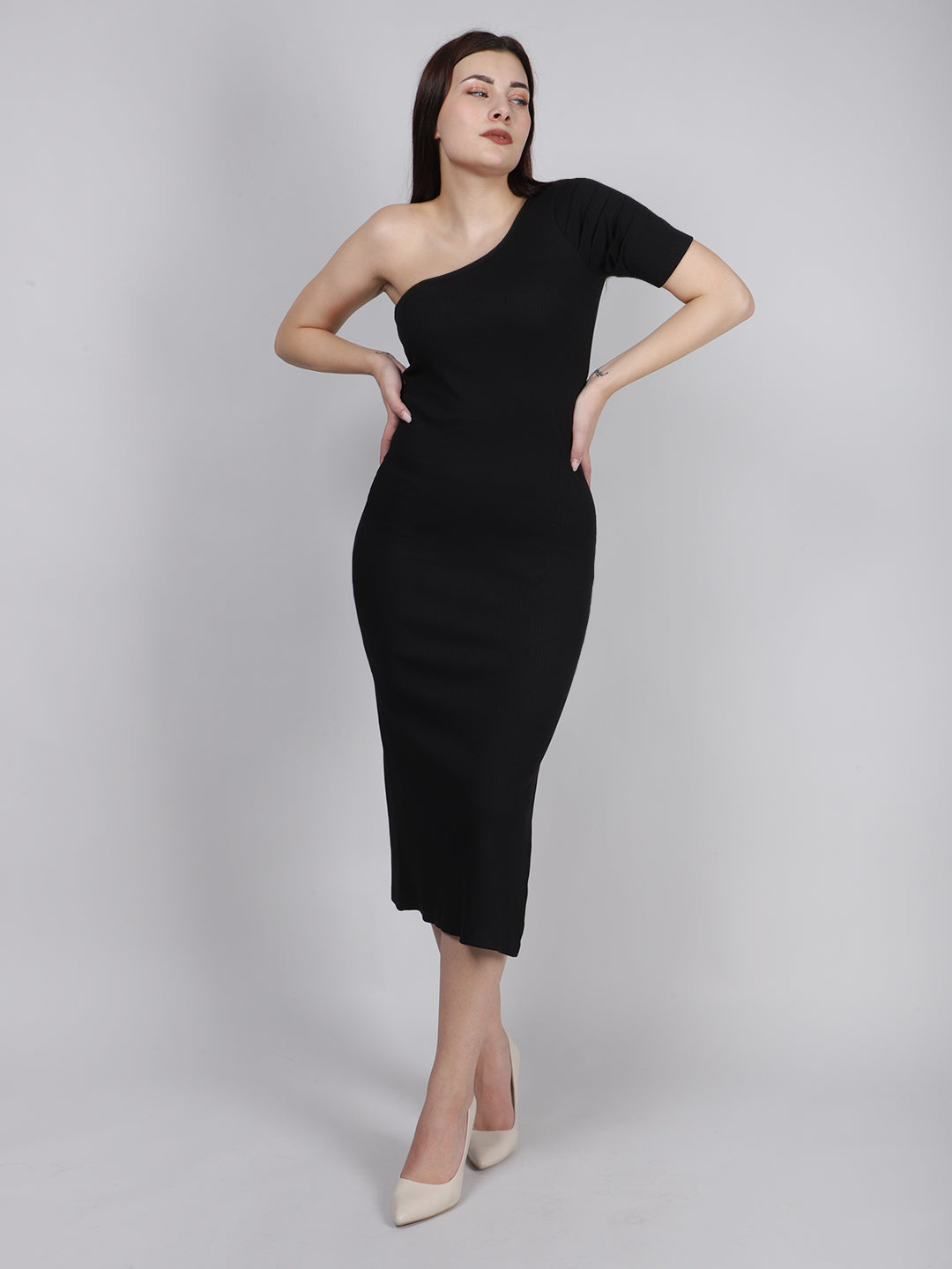 BLACK ONE SHOULDER RIB BODYCON DRESS
