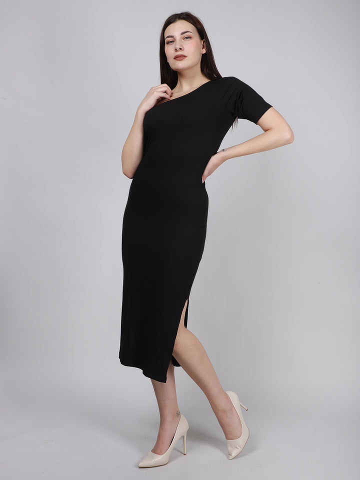 BLACK ONE SHOULDER RIB BODYCON DRESS