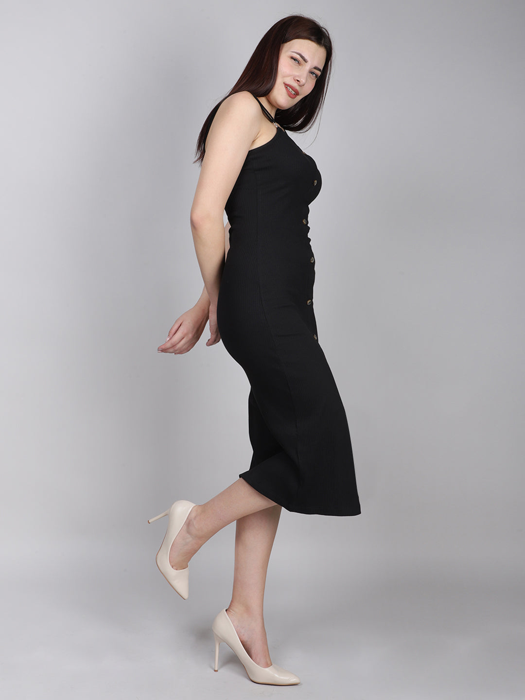 RIB FRONT BUTTON DRESS