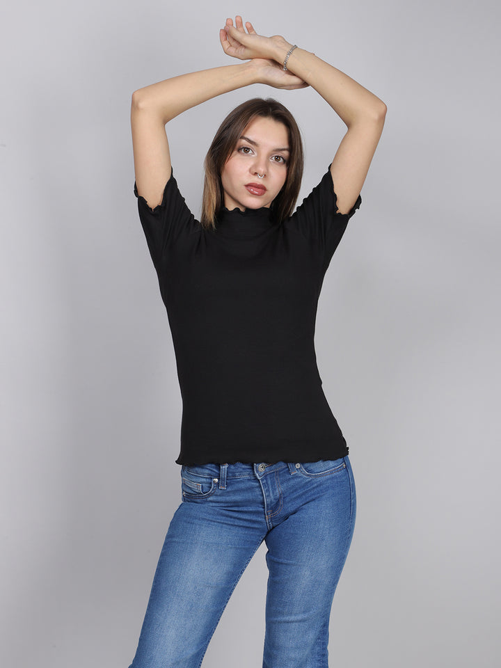 Black Half Sleeve Rib Top