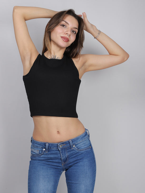 Black Rib Crop Tank Top