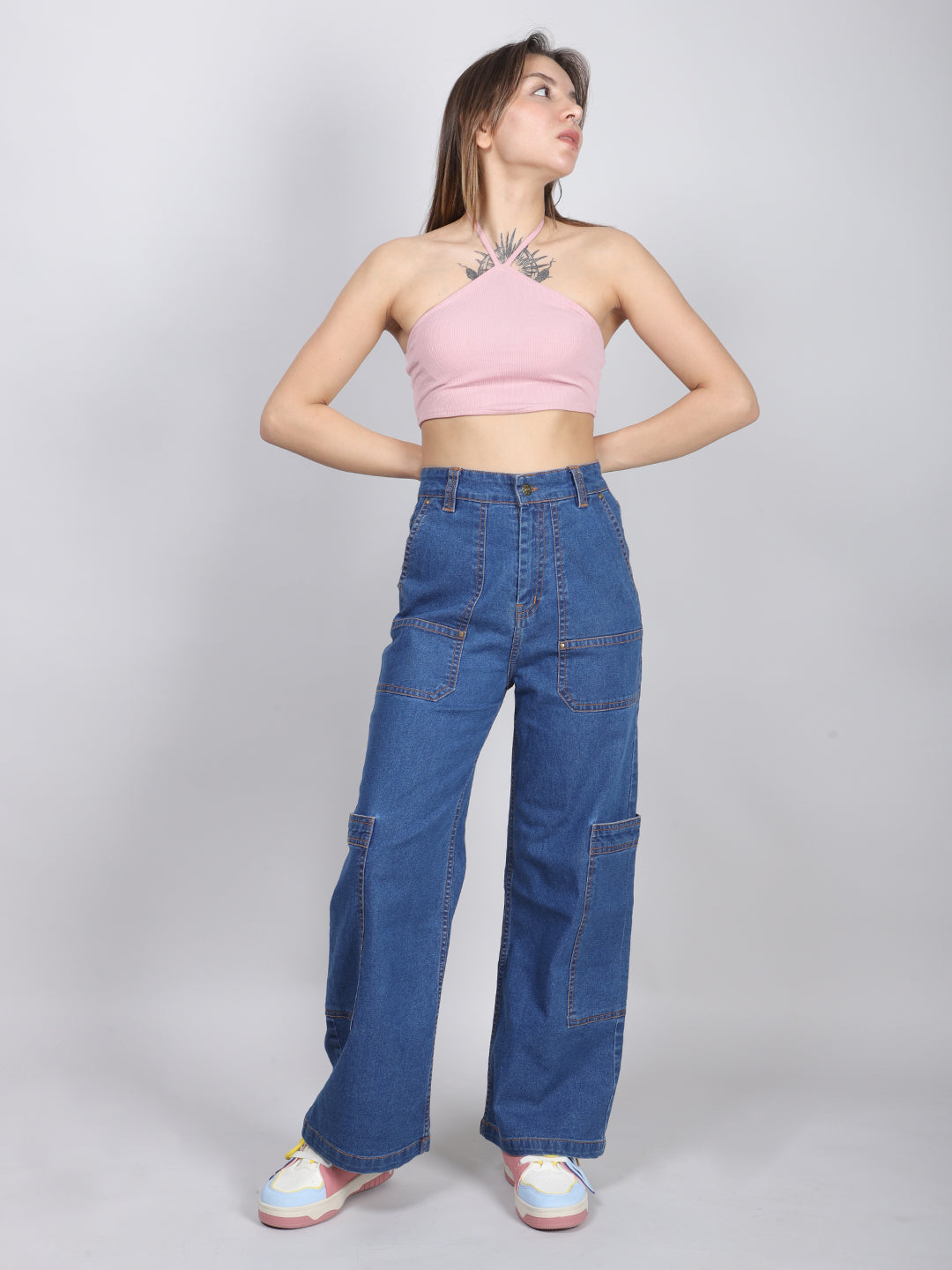 Blue Straight-Leg Denim Cargo Jeans