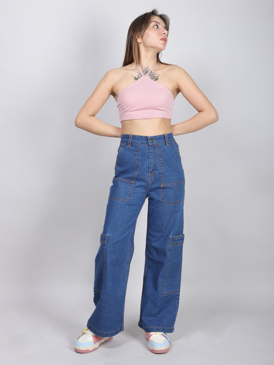 Blue Straight-Leg Denim Cargo Jeans
