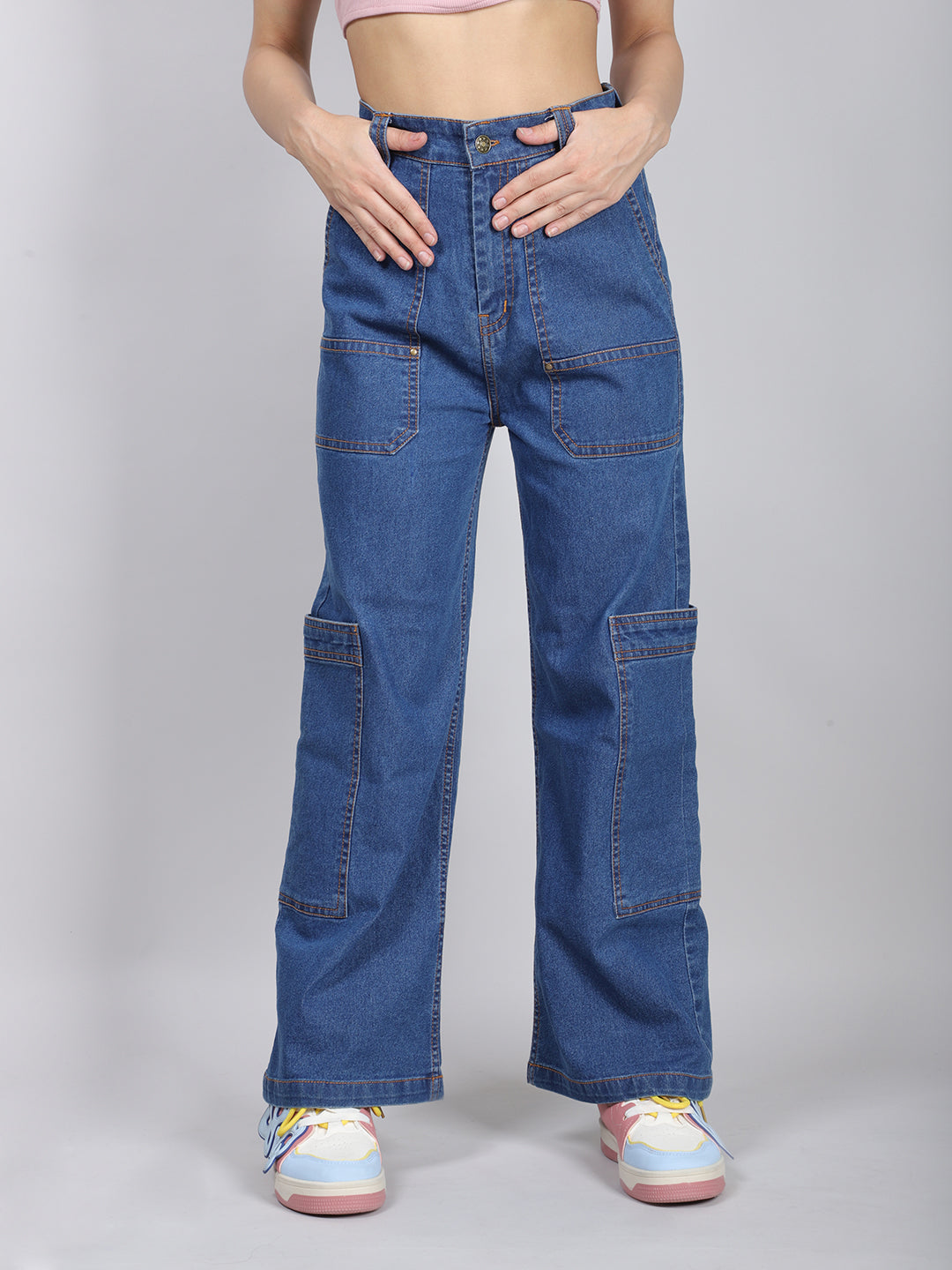 Blue Straight-Leg Denim Cargo Jeans