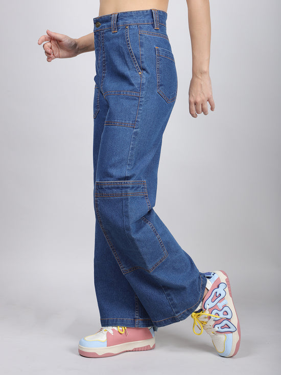 Blue Straight-Leg Denim Cargo Jeans