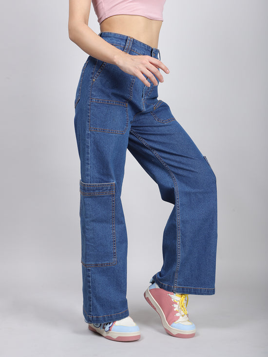 Blue Straight-Leg Denim Cargo Jeans