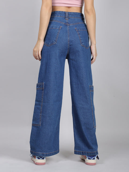 Blue Straight-Leg Denim Cargo Jeans