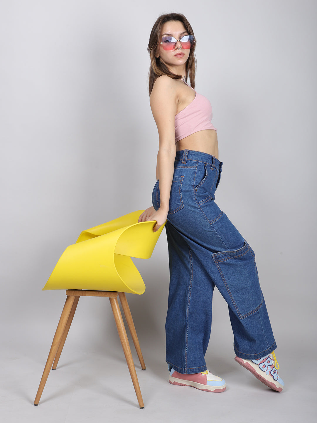 Blue Straight-Leg Denim Cargo Jeans