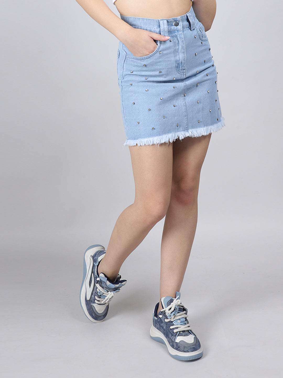STUDDED RHINESTONE RAW HEM DENIM SKIRT