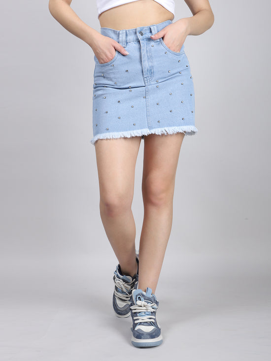 Studded Rhinestone Raw Hem Denim Skirt