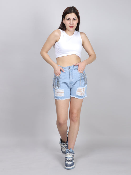 Rhinestone Embellished Fringe Raw Denim Short