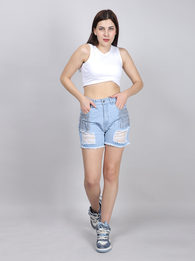 Rhinestone Embellished Fringe Raw Denim Short Hover Image