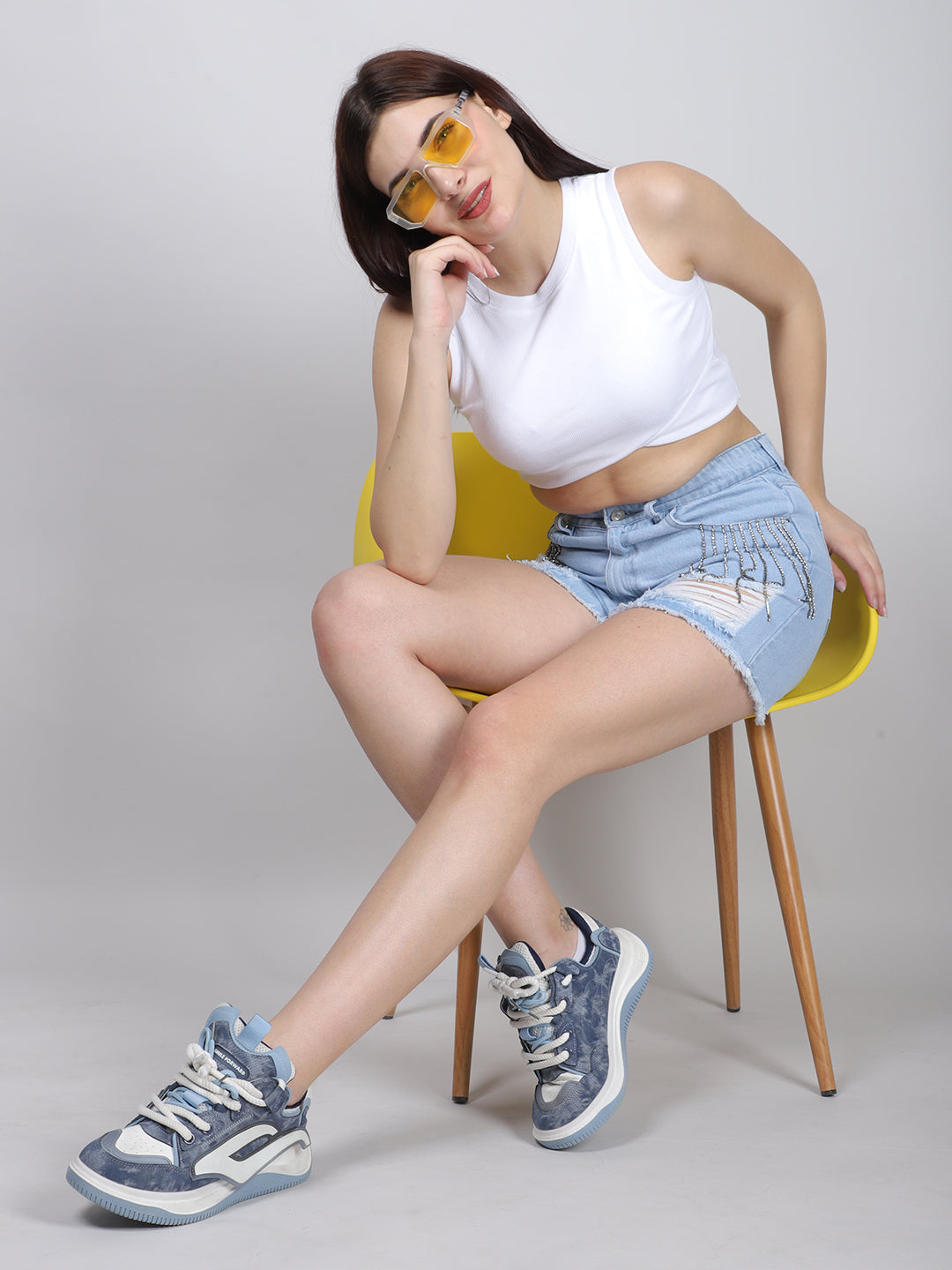 Rhinestone Embellished Fringe Raw Denim Short