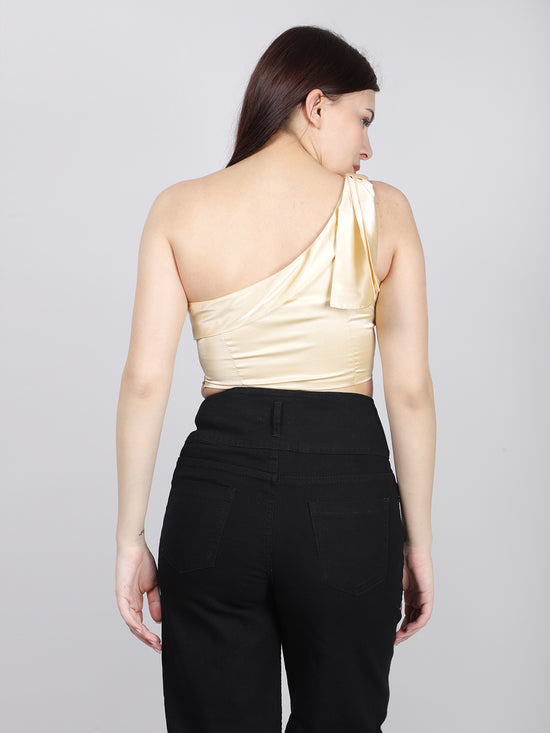 Beige Satin One Shoulder Top