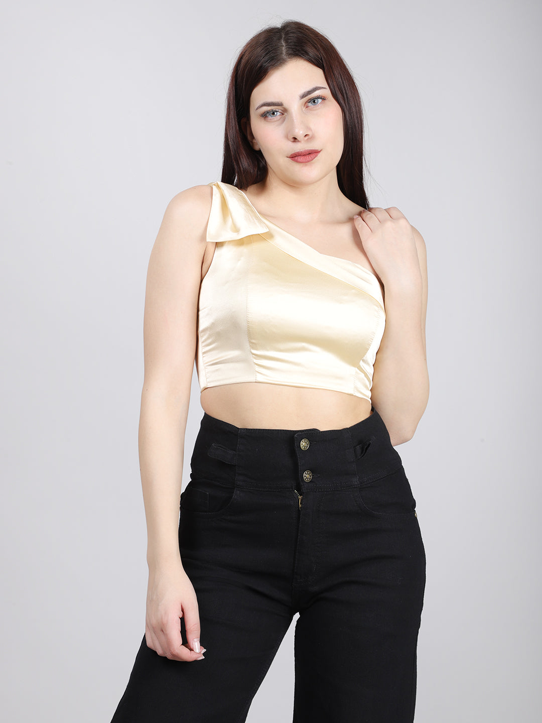 Beige Satin One Shoulder Top