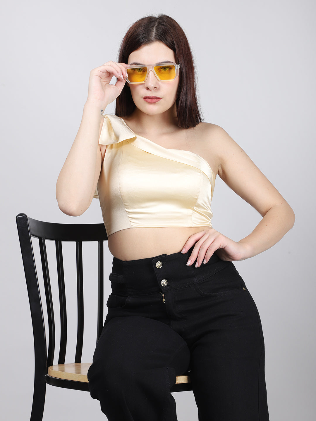 Beige Satin One Shoulder Top