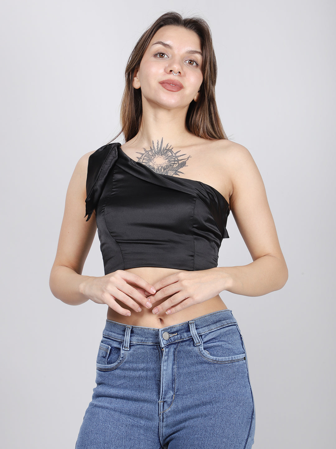 BLACK SATIN ONE SHOULDER TOP
