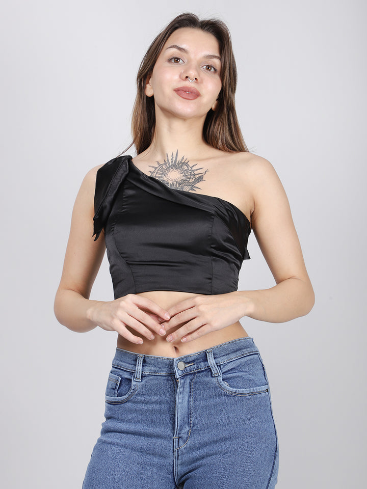 Black Satin One Shoulder Top