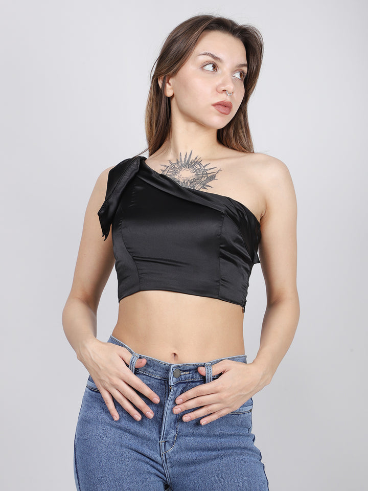 Black Satin One Shoulder Top