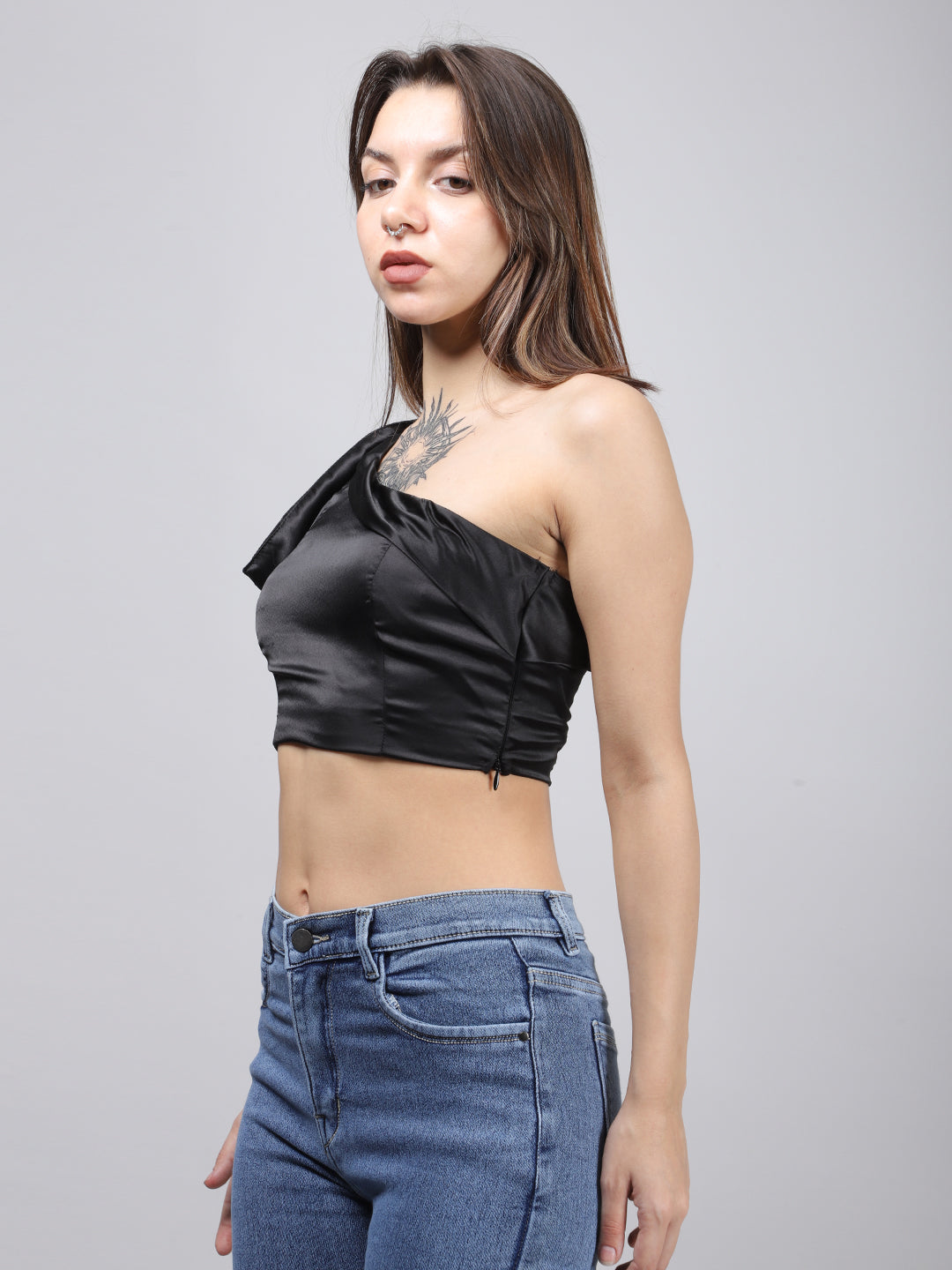 Black Satin One Shoulder Top