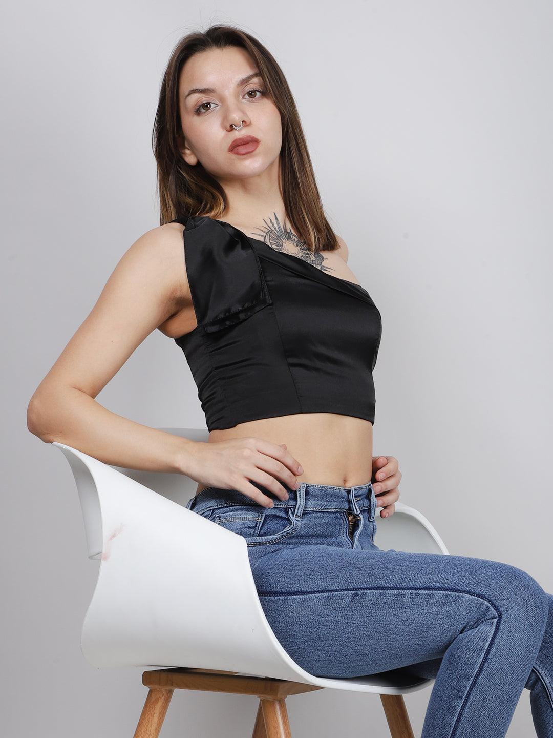 Black Satin One Shoulder Top