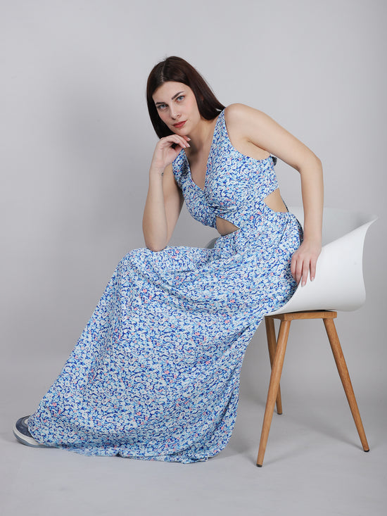 Blue Ditsy Print Back Knot Dress
