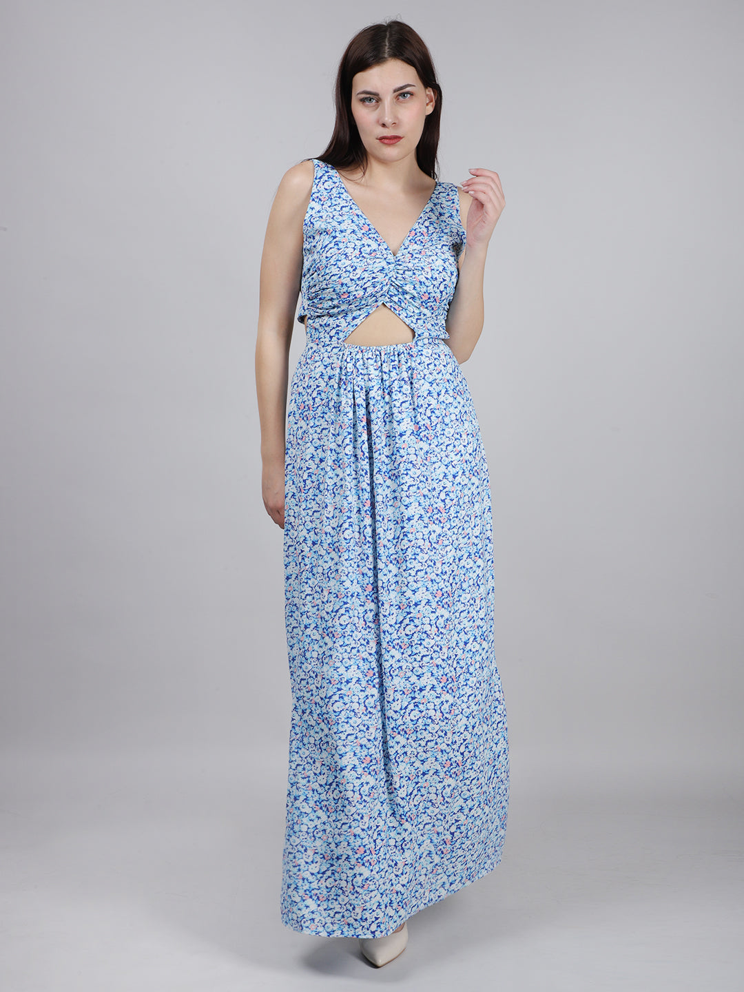 Blue Ditsy Print Back Knot Dress