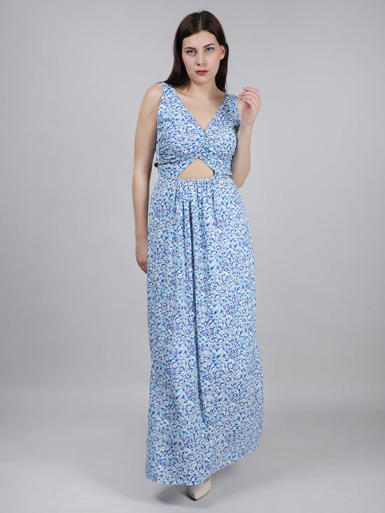 Blue Ditsy Print Back Knot Dress
