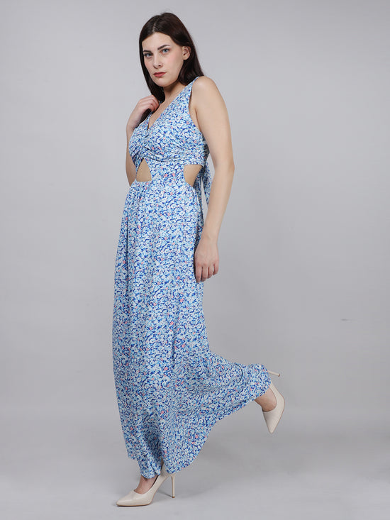 Blue Ditsy Print Back Knot Dress
