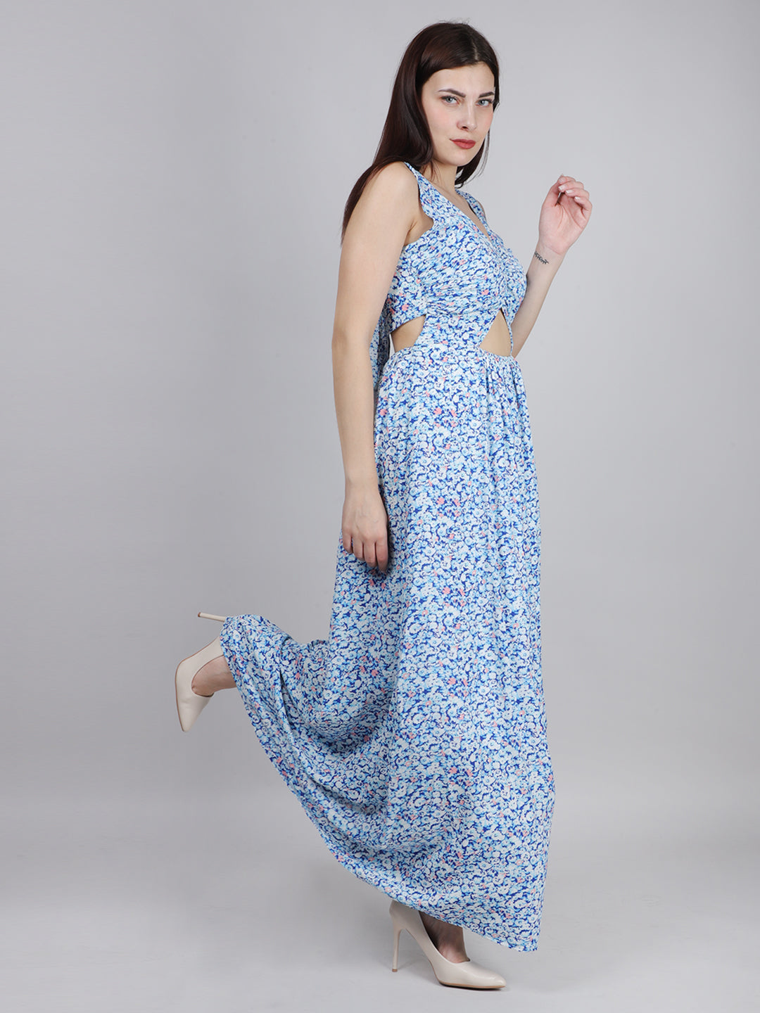 Blue Ditsy Print Back Knot Dress