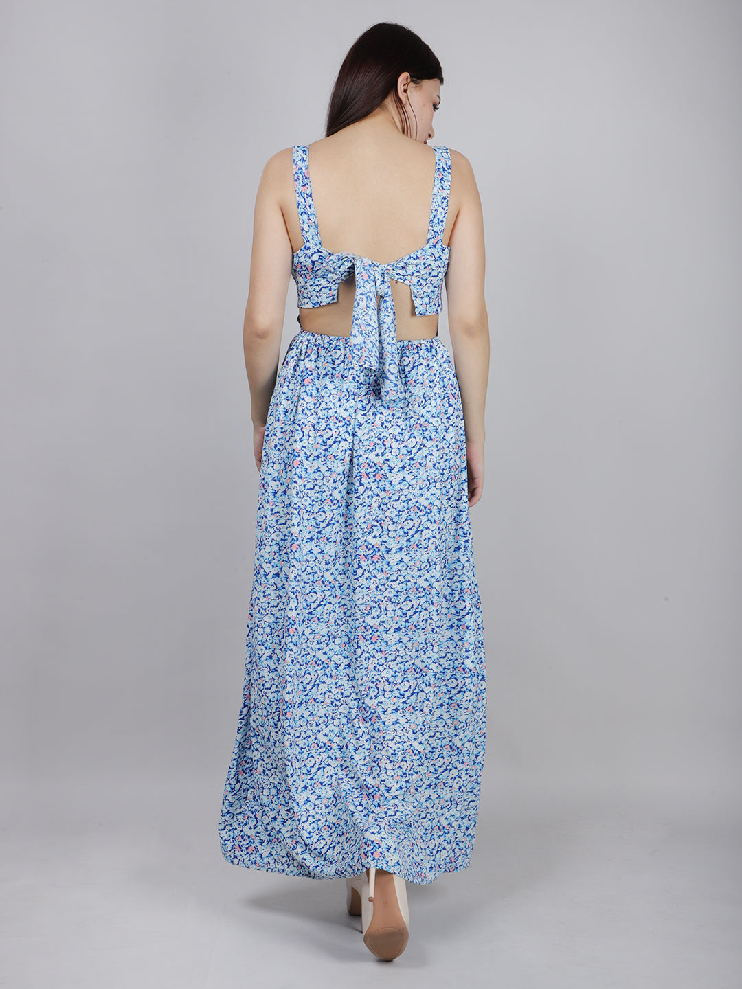 Blue Ditsy Print Back Knot Dress