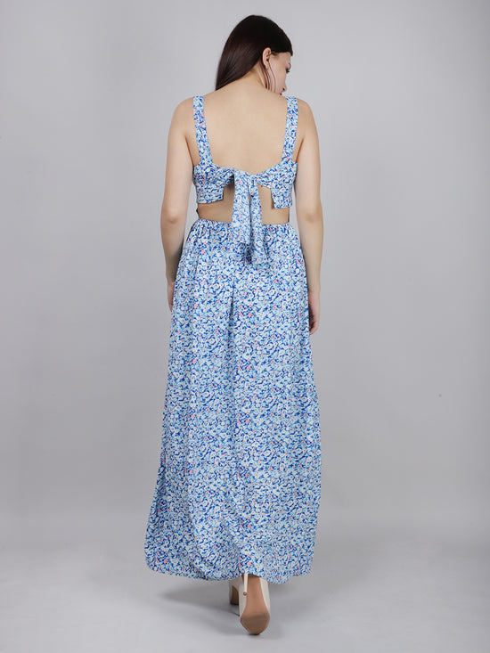 Blue Ditsy Print Back Knot Dress