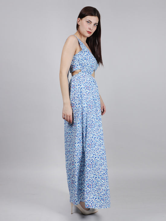 Blue Ditsy Print Back Knot Dress