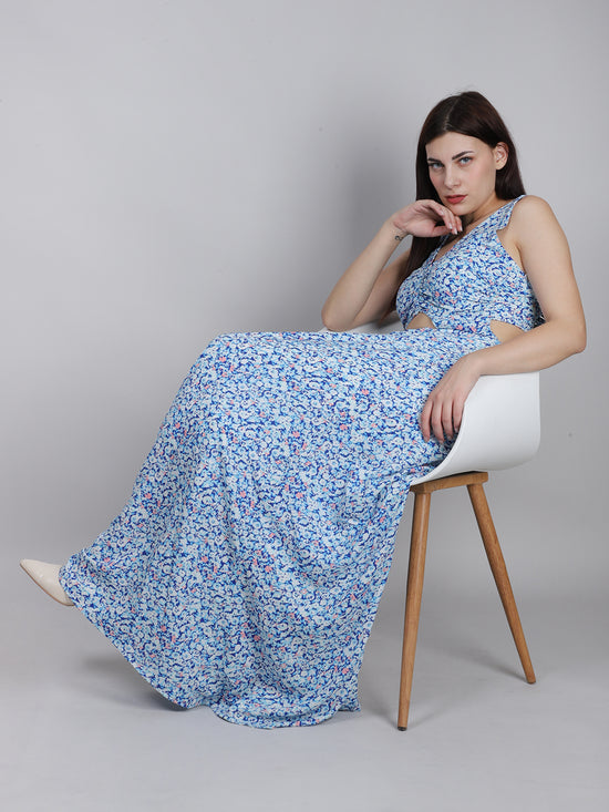 Blue Ditsy Print Back Knot Dress