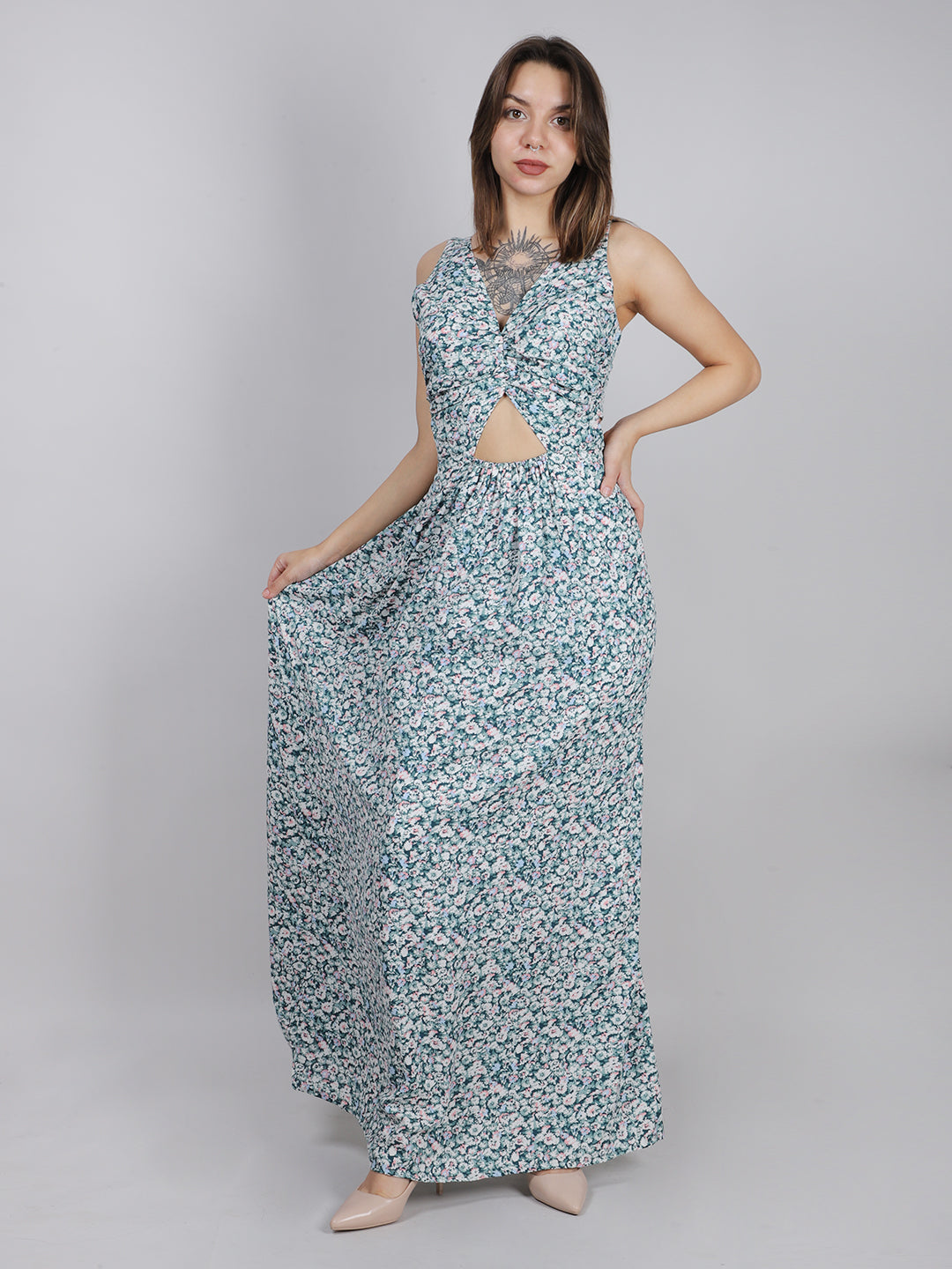 GREEN DITSY BACK KNOT DRESS