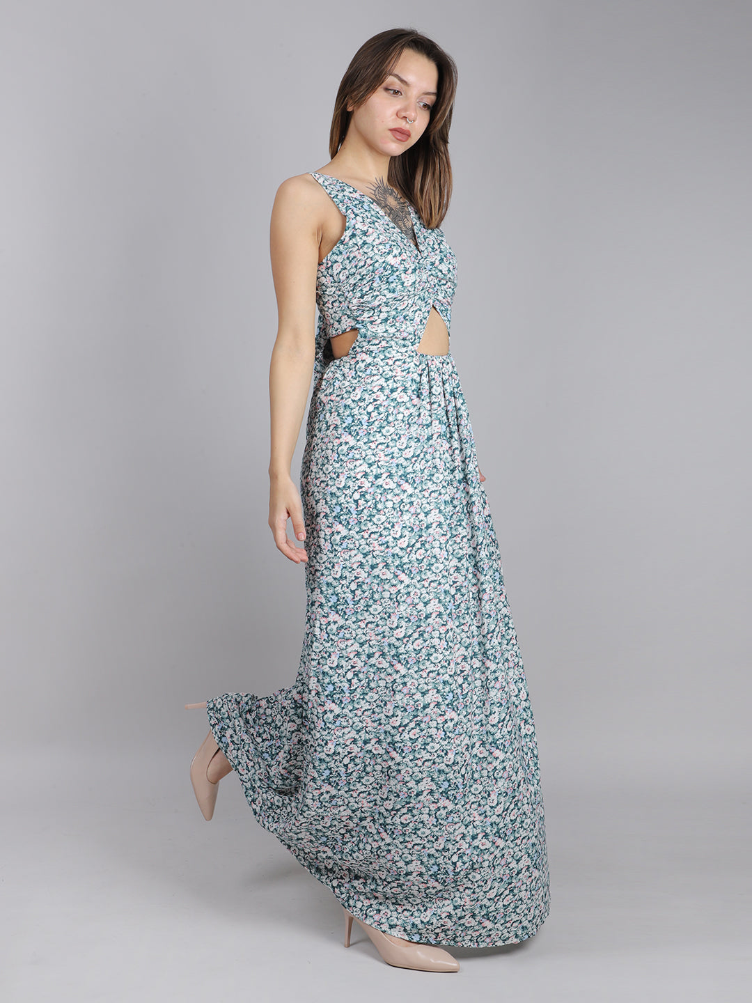 Green Ditsy Back Knot Dress