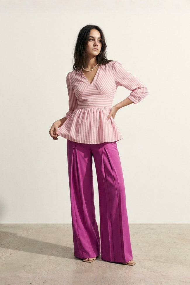 Playful Stripe Peplum Top & Wide-Leg Pants Co-Ord Set Hover Image