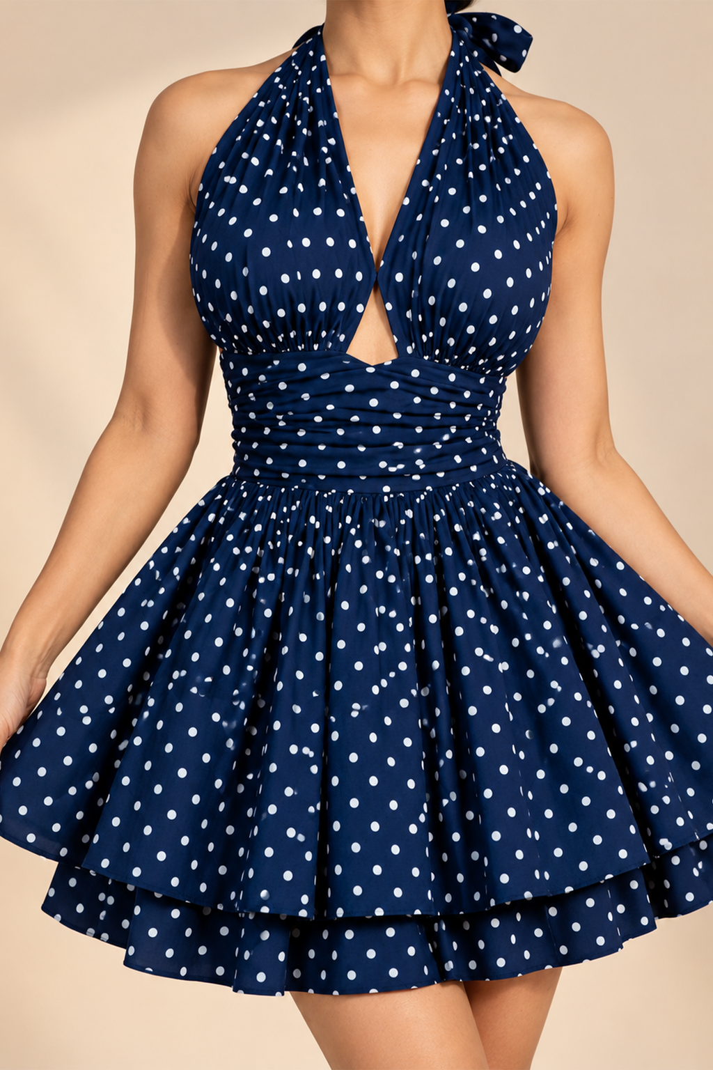 Navy Blue Polka Halter Mini Dress