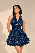 Navy Blue Polka Halter Mini Dress