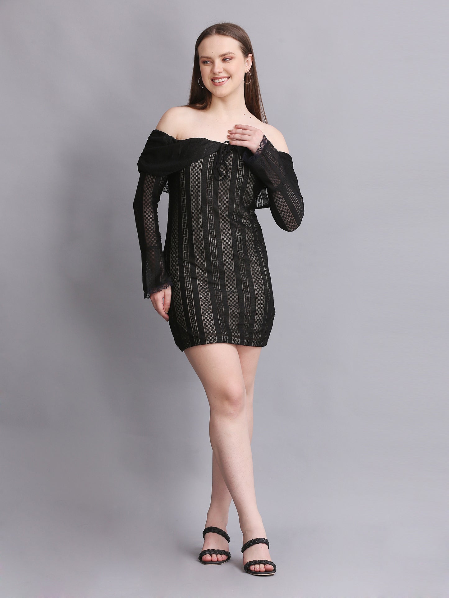 Black Off Shoulder Lace Mini Dress