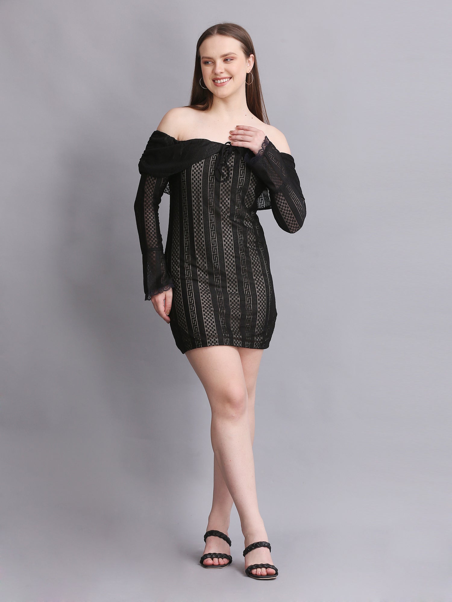 Black Off Shoulder Lace Mini Dress