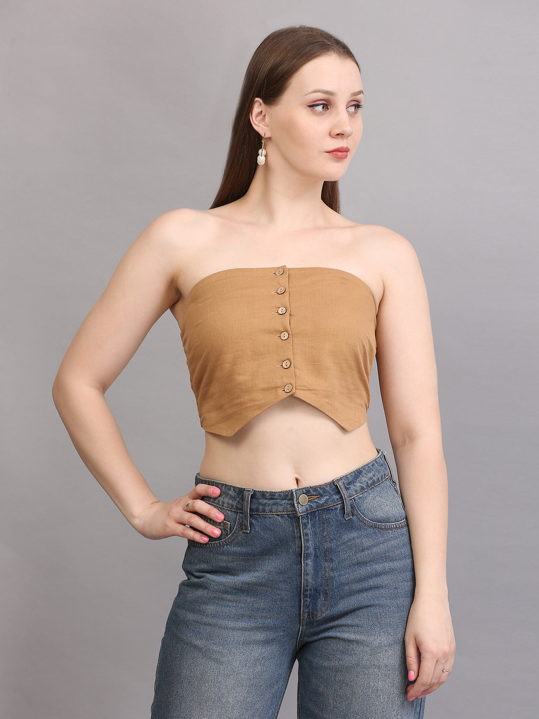 BEIGE BUTTON TUBE TOP