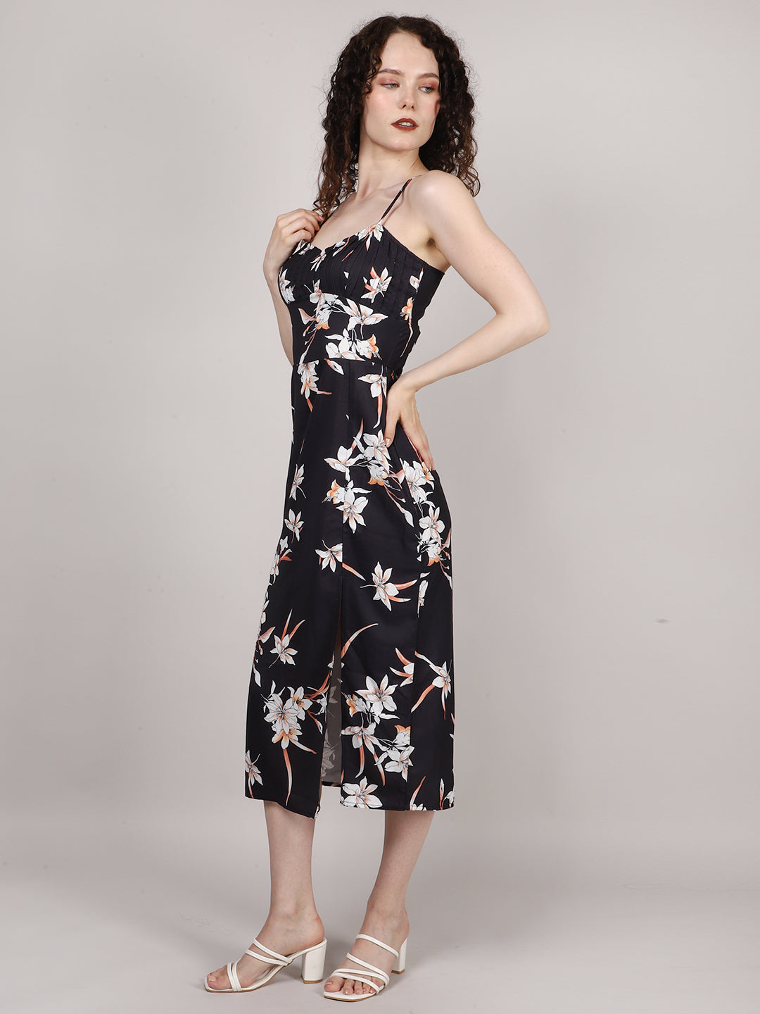 Black Front Pleat Midi Dress