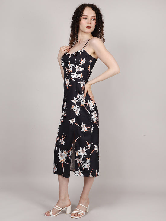 Black Front Pleat Midi Dress