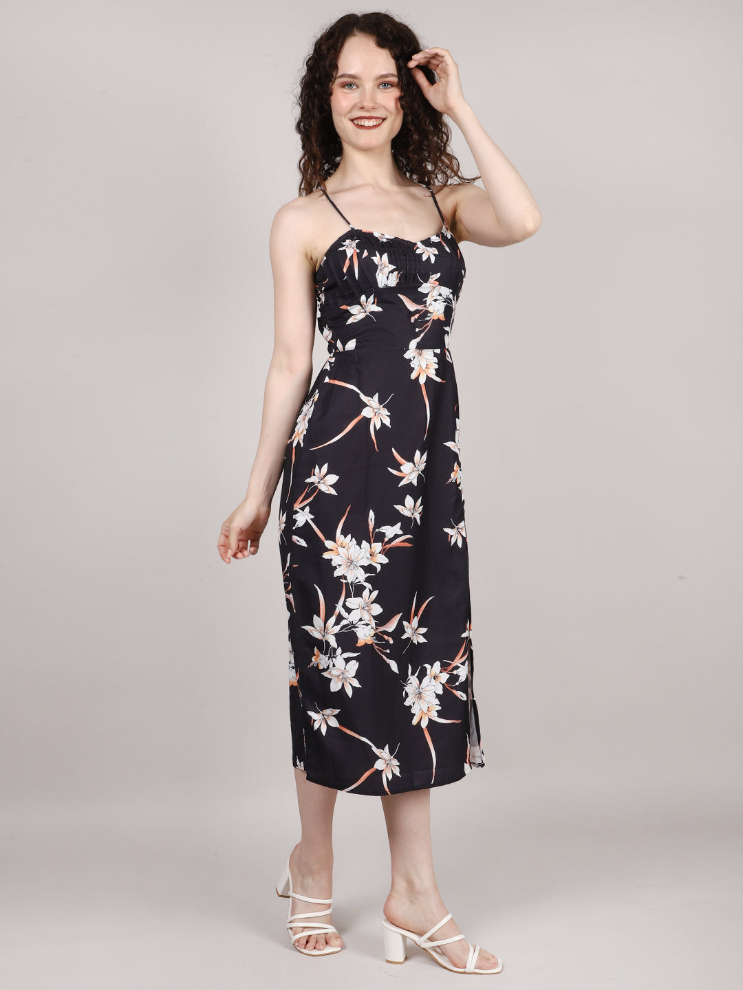 Black Front Pleat Midi Dress
