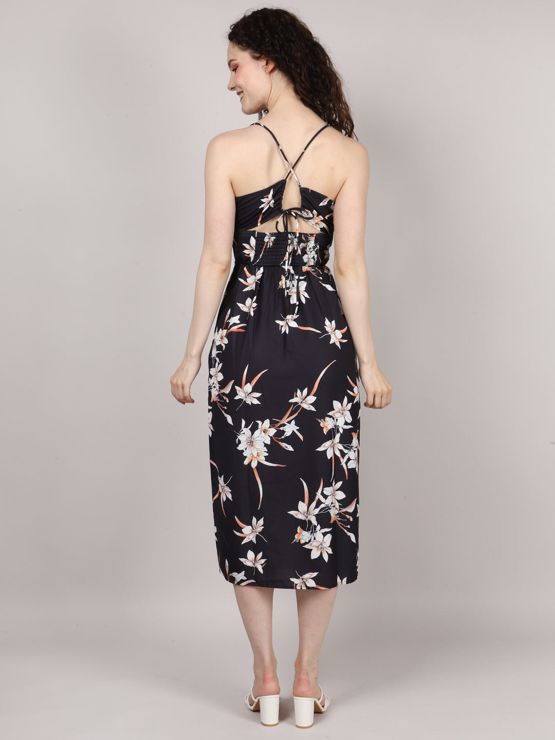 Black Front Pleat Midi Dress