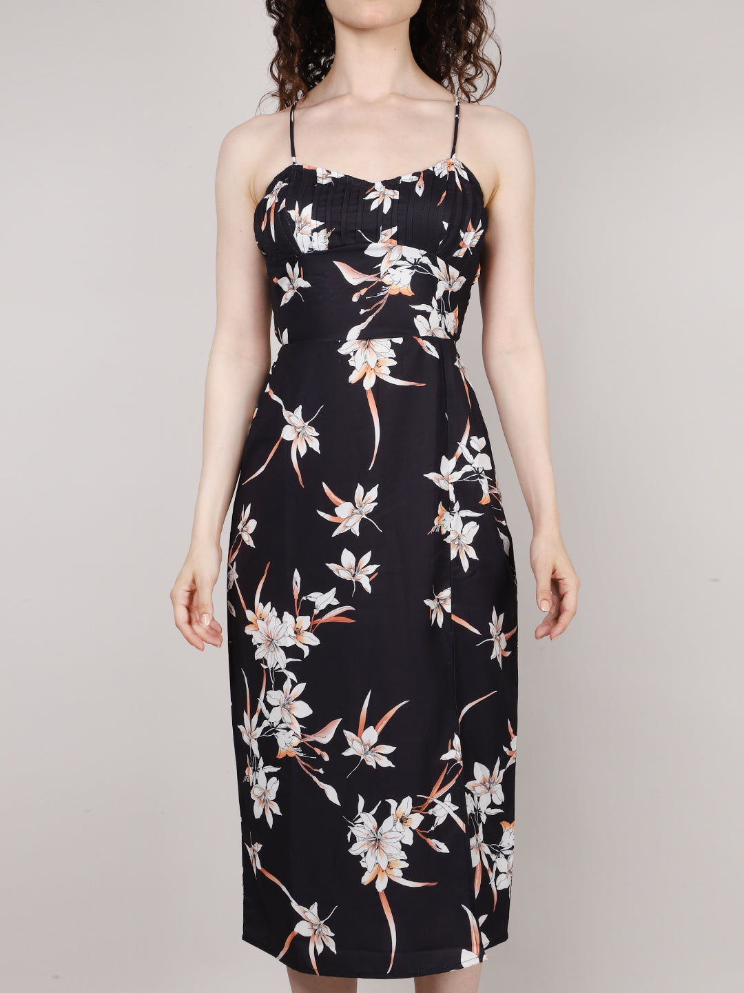 Black Front Pleat Midi Dress