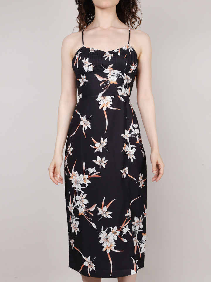 Black Front Pleat Midi Dress