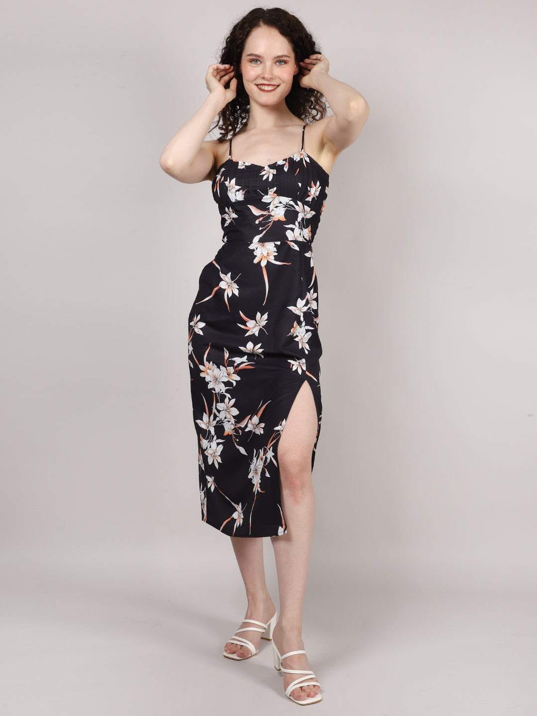 Black Front Pleat Midi Dress